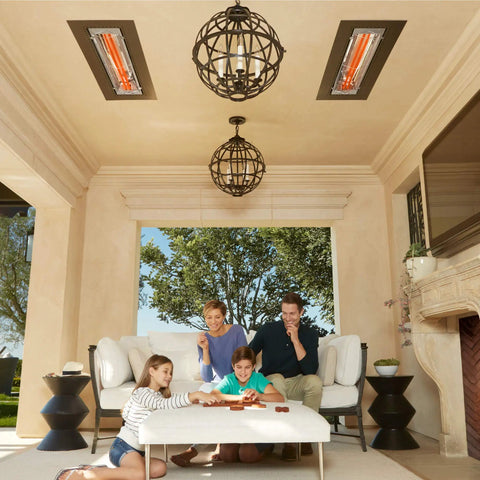 Family enjoying outdoor space with Dual Element Electric Patio Heater In Stainless Steel, 6000 Watt, 240 Volt, 61 Inch Long