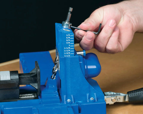 Beast Mode Benchtop Pocket Hole Jig With Slick Toggle Clamp And No Sweat Ratcheting Adjustment For Heavy Duty Woodworking DIY Projects. Adjusting drill depth with hex key.