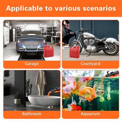 BOLCOWE cordless electric fuel transfer pump; portable red/orange unit shown in garage, courtyard, bathroom, aquarium.