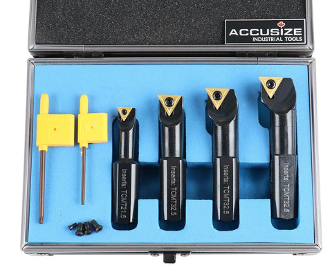 Beefy Pro Grade 4 Piece Stubby Length Indexable Boring Bar Set With Carbide TiN Coated TCMT Inserts And Spare Screws in case