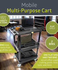 Three Shelf Mobile Utility Cart With Two Bins And Locking Wheels in an office, showcasing flat shelf and bins for organizing supplies.