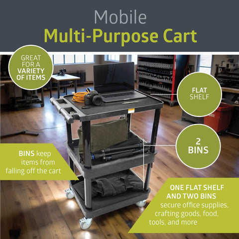 Three Shelf Mobile Utility Cart With Two Bins And Locking Wheels in an office, showcasing flat shelf and bins for organizing supplies.