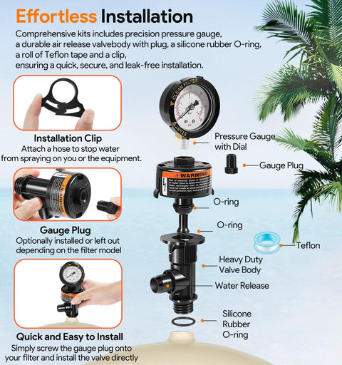 High-flow manual air relief valve with pressure gauge, top-mount for pool/spa filter; black valve body, Amazon brand