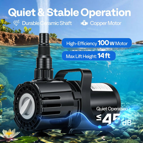 Beefy 100W Submersible Water Pump With Stepless Flow Control in pond, showing motor and max lift height details.