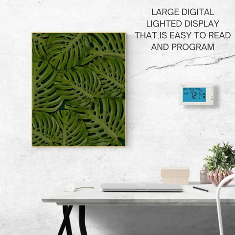 Programmable Large Touchscreen Thermostat For Home Comfort And Cooling on wall, easy to read display, white color