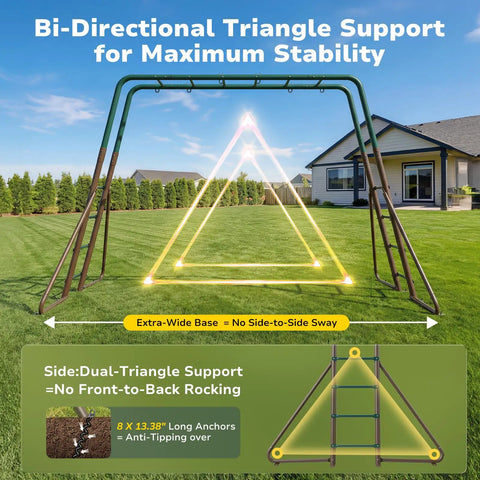 Backyard Swing Set Built Tough With Monkey Bars Trapeze Bar And Two Belt Swings Heavy Duty Metal Playground For Kids Outdoor Jungle Gym In Green And Brown Weather Resistant Powder Coated Steel with triangle support for stability