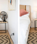 Before and after using Ultra Thin Outlet Concealer Kit For Hidden Outlets And Cord Management behind a bed, flat low profile cover.