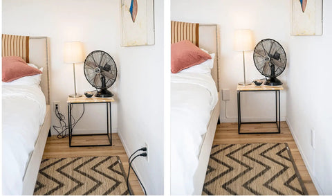 Before and after using Ultra Thin Outlet Concealer Kit For Hidden Outlets And Cord Management behind a bed, flat low profile cover.