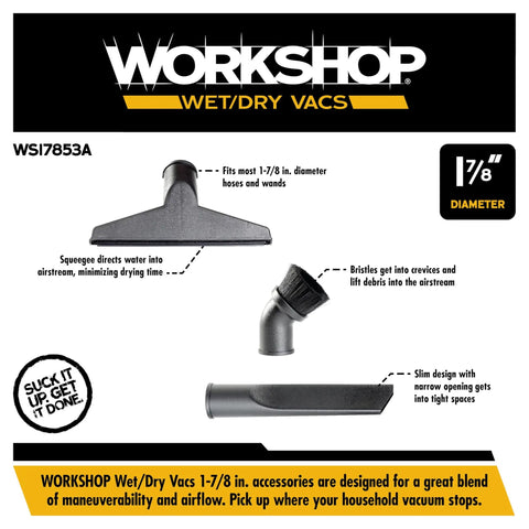 Three Piece Wet Dry Vacuum Attachment Kit For One Seven Eight Inch Wands And Hoses With Crevice Tool Wet Nozzle And Dusting Brush
