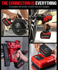 Heavy Duty 6.0Ah 20 Volt Lithium Ion Replacement Battery Designed For Skil Cordless Power Tools in use with various tools.