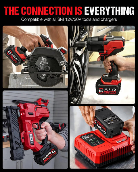 Heavy Duty 6.0Ah 20 Volt Lithium Ion Replacement Battery Designed For Skil Cordless Power Tools in use with various tools.