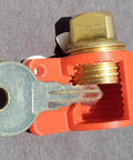 Red Dockside Boat Drain Plug Keychain And Reminder For Garboard Half Inch Drain Plug Half Inch NPT Fitting showing key attachment