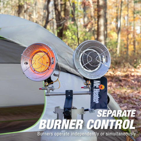 Dual Swivel Burner Outdoor Propane Heater For Deck Or Patio, 10,000 To 30,000 BTU, installed outside a tent.