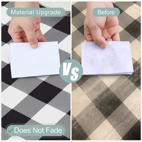 Comparison of new and old Waterproof Vinyl Rectangle Table Cloth With Soft Flannel Backing in Buffalo Check Black and White