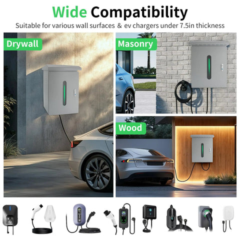 Slick Outdoor EV Charger Lock Box With Viewable Window For Tesla Wall Connector And Most Electric Cars mounted on drywall, masonry, and wood.