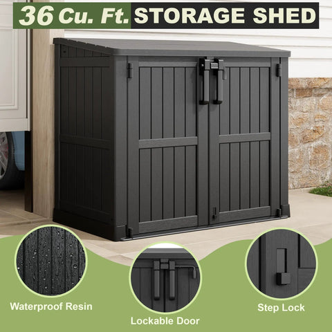 36 Cu Ft Resin Outdoor Storage Shed With Weatherproof Horizontal Cabinet And Dual Lock Doors for backyard, black wood grain