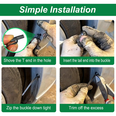 Steps showing installation of Universal Cable Tie Buckle Kit With 3.54 Inch And 6 Inch Zip Tie Clips on car bumper.