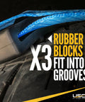 Close-up of Heavy Duty E Track Wheel Straps 2 Inch By 11 Foot 4 Pack With E Track Fittings And Rubber Blocks against tire grooves