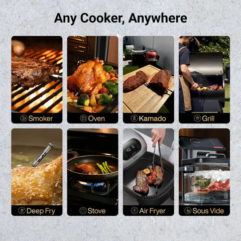 Sync Gold Gen2 Sub 1G Wireless Meat Thermometer With 6 Sensors And LCD Display For Precise Cooking Ultra Reliable Sub 1 GHz Signal Faster Temps Easy Setup And Hands Free Monitoring For Stove Or Grill. Use across smoker, oven, kamado and grill.
