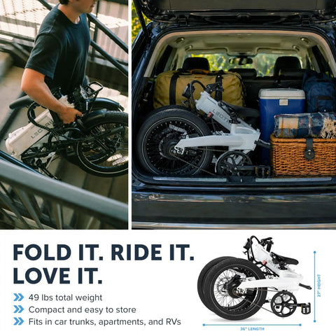 XP Lite2 Folding Electric Bike For Adults, Arctic White in trunk, compact fold, ultralight aluminum frame, 48V battery