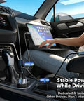 Road Trip Ready 3 In 1 Car Adapter For Starlink Mini with a 30V DC port charging a tablet in a vehicle.