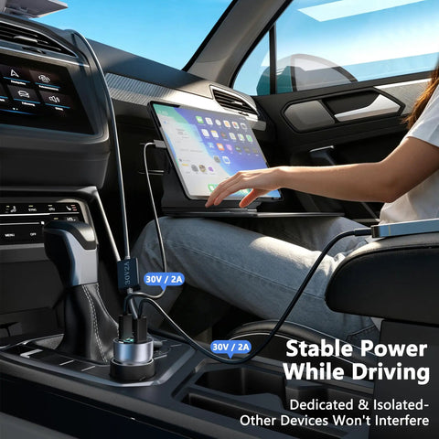 Road Trip Ready 3 In 1 Car Adapter For Starlink Mini with a 30V DC port charging a tablet in a vehicle.
