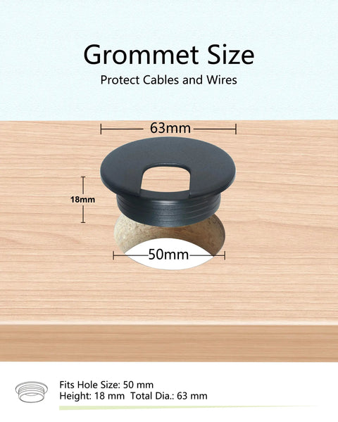 Desk wire grommet size guide from the Six Pack Desk Grommet Hole Saw Kit 50 Mm Bi-Metal With Drill Bit Hex Key Cable Sleeve.