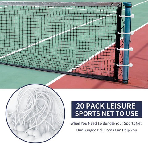 Tennis net secured with Tough As Nails 6 Inch Ball Bungee Cords Set With UV Resistant Elastic Ties, white 20 pack