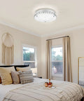 Crystal Flush Mount Ceiling Light With K9 Crystals, Dimmable 18W LED, 11 Inch Modern Fixture, illuminating a chic bedroom