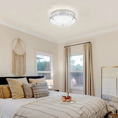 Crystal Flush Mount Ceiling Light With K9 Crystals, Dimmable 18W LED, 11 Inch Modern Fixture, illuminating a chic bedroom