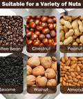 Commercial Gas Coffee Roaster With 110 Lb Drum Capacity For Roasting Beans Nuts Seeds Chestnuts Peanuts Walnuts And More Beefy Heavy Duty Single Phase 220V Drum Roasting Machine and various types of nuts and beans suitable for roasting including coffee beans, chestnuts, peanuts, sesame, walnuts, and almonds.
