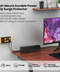 EMI And RFI Filtering Surge Protector Power Strip With 6 Outlets And 6 Ft Flat Plug Cord In Bright Yellow, Noise Isolation Banks That Block Up To 95 Percent EMI And RFI, Heavy Duty Shielded Protector For Home Office And Entertainment Gear mounted on wall