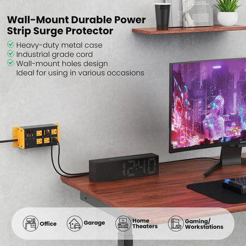 EMI And RFI Filtering Surge Protector Power Strip With 6 Outlets And 6 Ft Flat Plug Cord In Bright Yellow, Noise Isolation Banks That Block Up To 95 Percent EMI And RFI, Heavy Duty Shielded Protector For Home Office And Entertainment Gear mounted on wall
