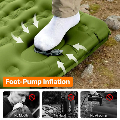 Foot inflating Ultralight Inflatable Sleeping Pad With Built In Pillow And Foot Pump For Camping, 6 inch thick, green