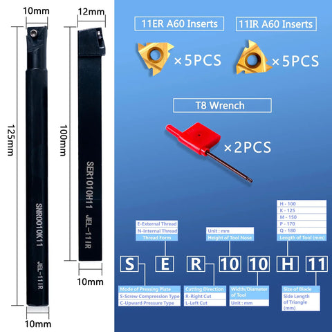 Lathe Turning Holders and Threading Tool Set With Half-Inch External SER1010H11 and Three-Eighths Inch Internal SNR0010K11 Shanks, 10-Piece Indexable Carbide Inserts displayed with T8 wrenches on blue background