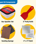 No Fuss All In One Drywall Repair Kit With 8 Oz Spackling Compound 4 Inch By 4 Inch Adhesive Metal Patch Spackling Knife And Sanding Pad