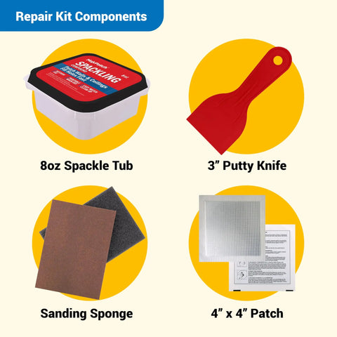 No Fuss All In One Drywall Repair Kit With 8 Oz Spackling Compound 4 Inch By 4 Inch Adhesive Metal Patch Spackling Knife And Sanding Pad