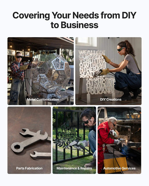 Collage of images showing metal customization, DIY creations, parts fabrication, maintenance and repairs, and automotive services.