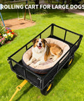 900 Lbs Heavy Duty Steel Garden Cart With 180 Degree Rotating Handle Removable Mesh Sides That Convert To Flatbed Outdoor Yard Wagon On Wheels Convertible Utility Cart For Heavy Soil Gravel And Tools Black with a dog sitting in it on a sunny lawn