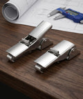 Heavy Duty Stainless Steel Toggle Latches For Drawers And Cabinets Vibration Resistant Adjustable Draw Latch with polished finish on wooden surface.