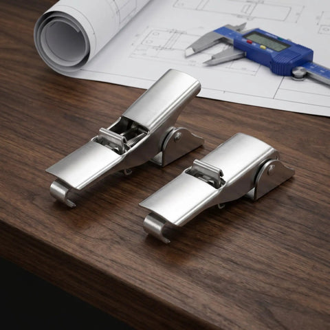 Super Heavy Duty Adjustable Toggle Latch With Polished Stainless Steel Clasp For Toolbox And Machinery Cabinets Secure Vibration Resistant Draw Hardware Fastening 2 Pack on wooden surface.