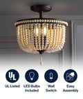 Boho Farmhouse 3 Light LED Semi Flush Mount Ceiling Chandelier With Cream Wood Bead Shade Black And Light Taupe Beaded Fixture 14 Inch