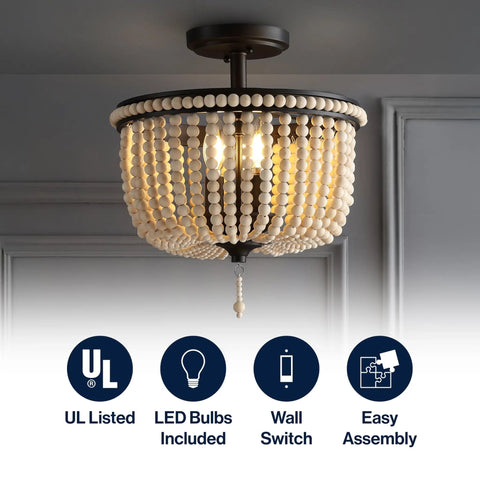 Boho Farmhouse 3 Light LED Semi Flush Mount Ceiling Chandelier With Cream Wood Bead Shade Black And Light Taupe Beaded Fixture 14 Inch