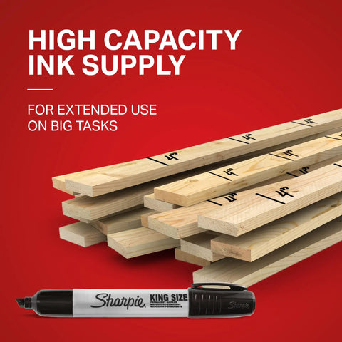 King Size Permanent Marker Set With Mega Bold Extra Wide Chisel Tip Black 12 Count Heavy Duty Multi Surface Markers shown on wood