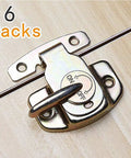 Close-up of six sets of Align N Lock table locks on wooden surface, showing heavy duty dining and conference table buckle connectors.