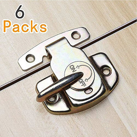 Close-up of six sets of Align N Lock table locks on wooden surface, showing heavy duty dining and conference table buckle connectors.