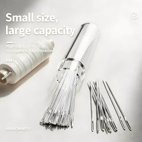 Clear tube filled with metal sewing needles, next to a spool of thread on white background.