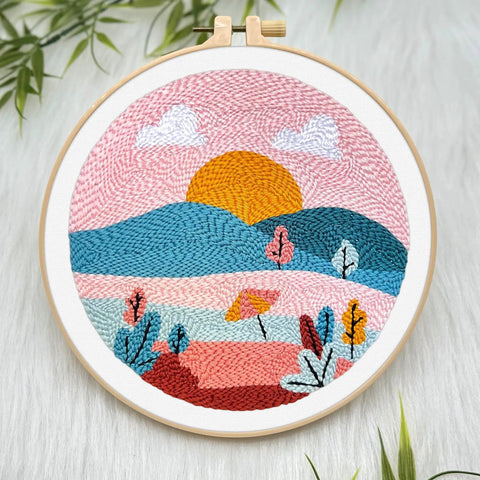 Punch Needle Kit For Adults And Beginners, DIY Landscape Embroidery Set with hoop showing colorful sunset scene