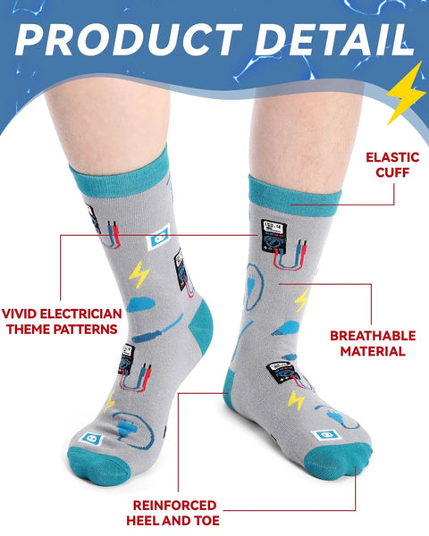 Six Pairs Novelty Electrician Socks For Men With Dope Designs Mid Calf Crew Socks Gift Set For Electricians And Electrical Engineers
