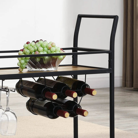 Prime Rolling Industrial Bar Cart With Heavy Duty Dual Tier Shelves And Rustic Wood Metal Build For Kitchen Wine Storage and grapes display.